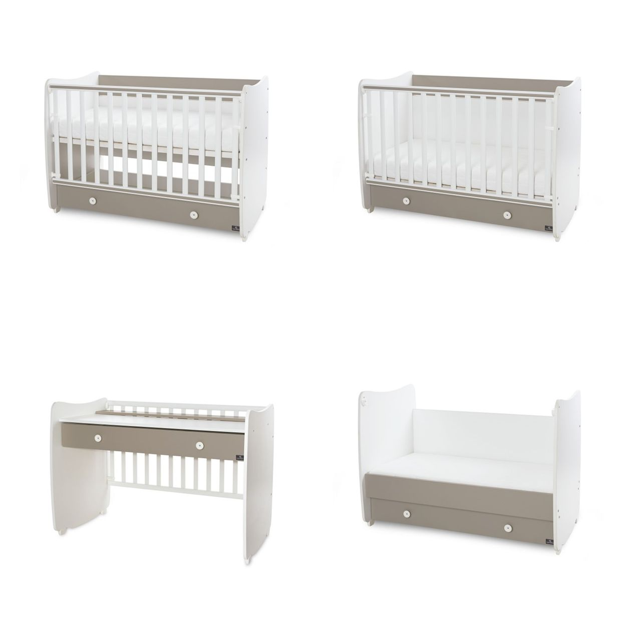 Vier Bilder zeigen ein vielseitiges, weiß-graues Babybett, das zum Schreibtisch und Kindersofa umgebaut werden kann.