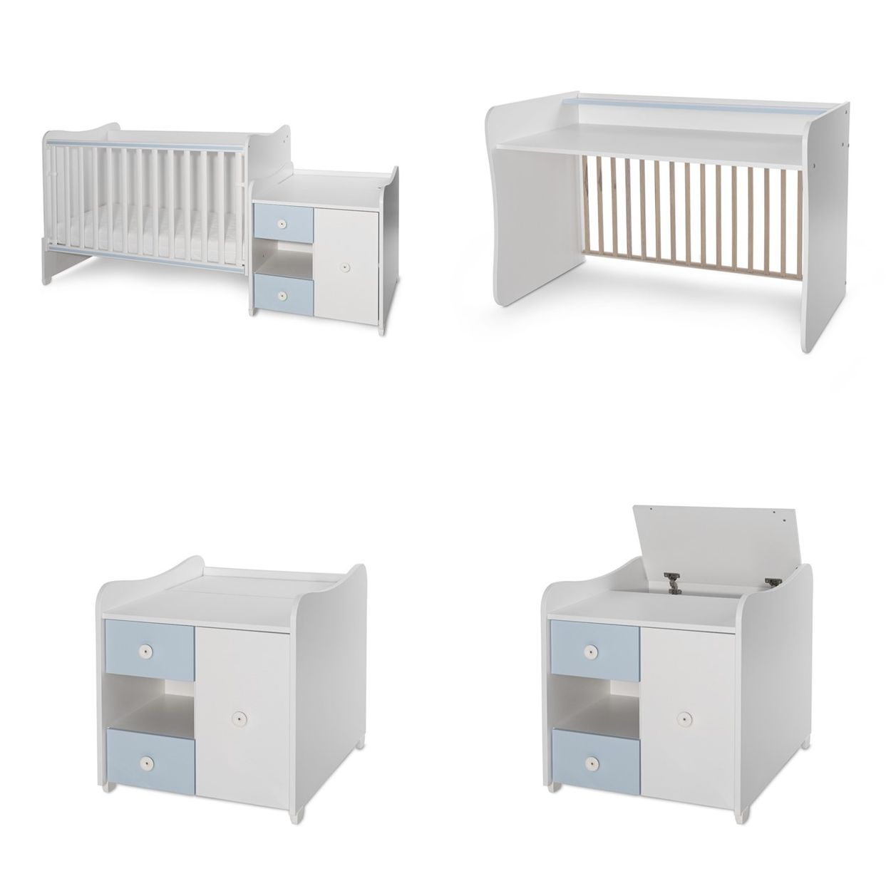 Modulares weißes Kinderbett, das in einen Schreibtisch und ein Aufbewahrungsmöbel mit blauen Akzenten umgewandelt werden kann.