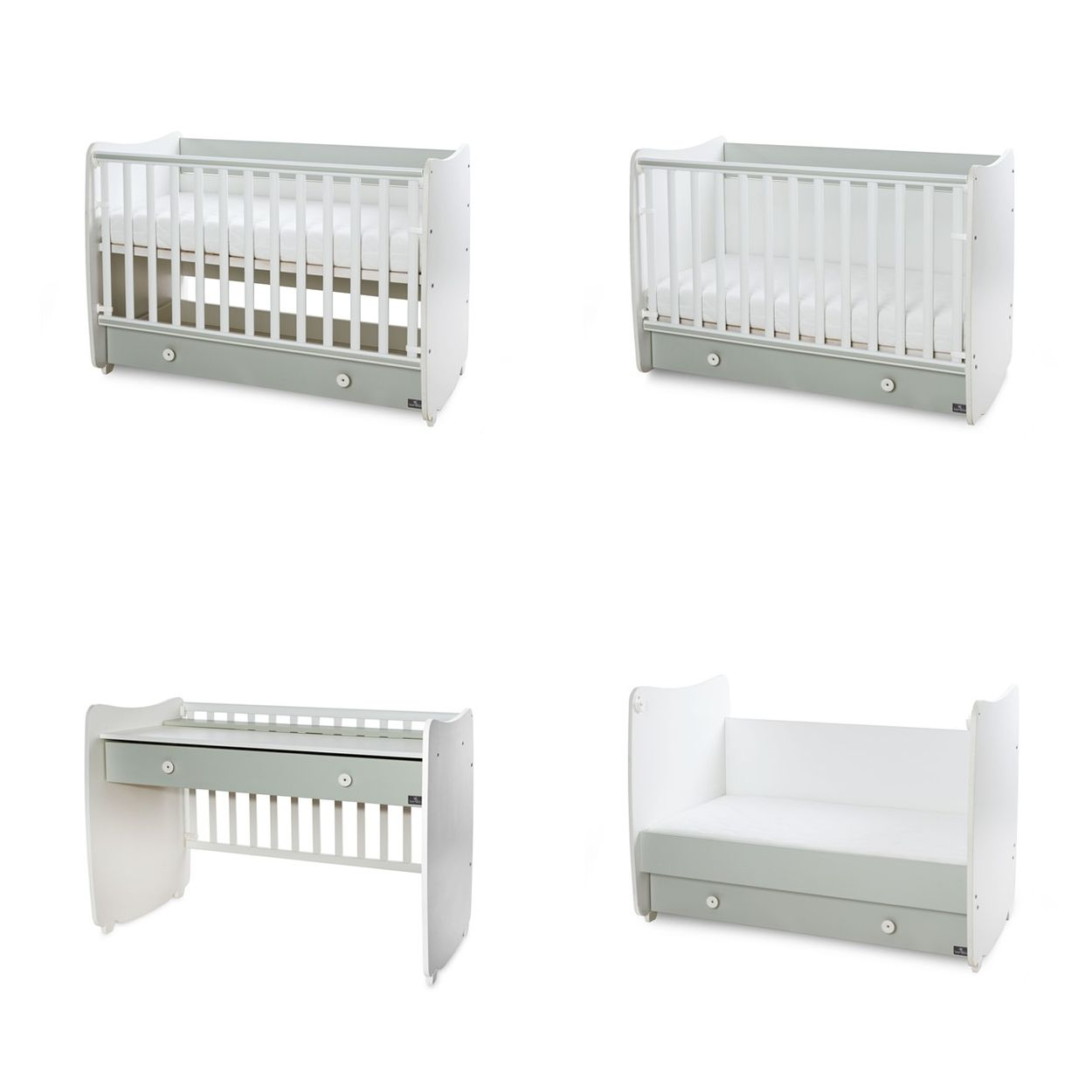 Vier Bilder zeigen ein weißes und mintgrünes Babybett, das in verschiedene Funktionsmöbel umbaubar ist.