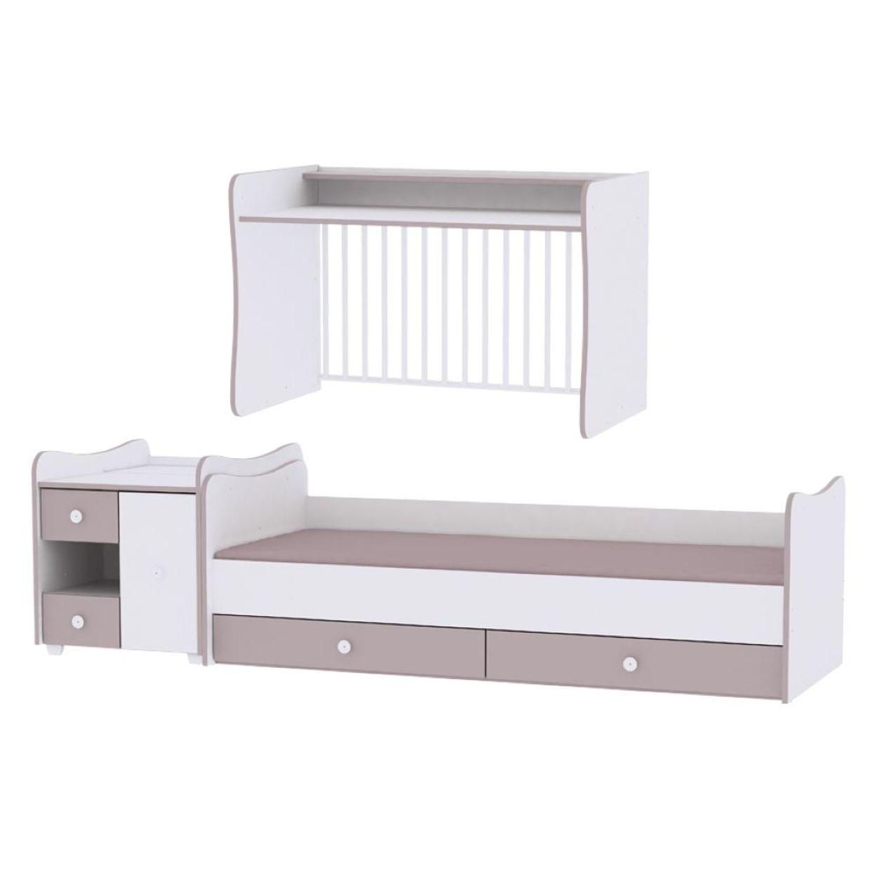 Modulares Kinderbett in Weiß und Rosa mit integrierten Regalen, Schubladen und Kommode auf weißem Hintergrund.