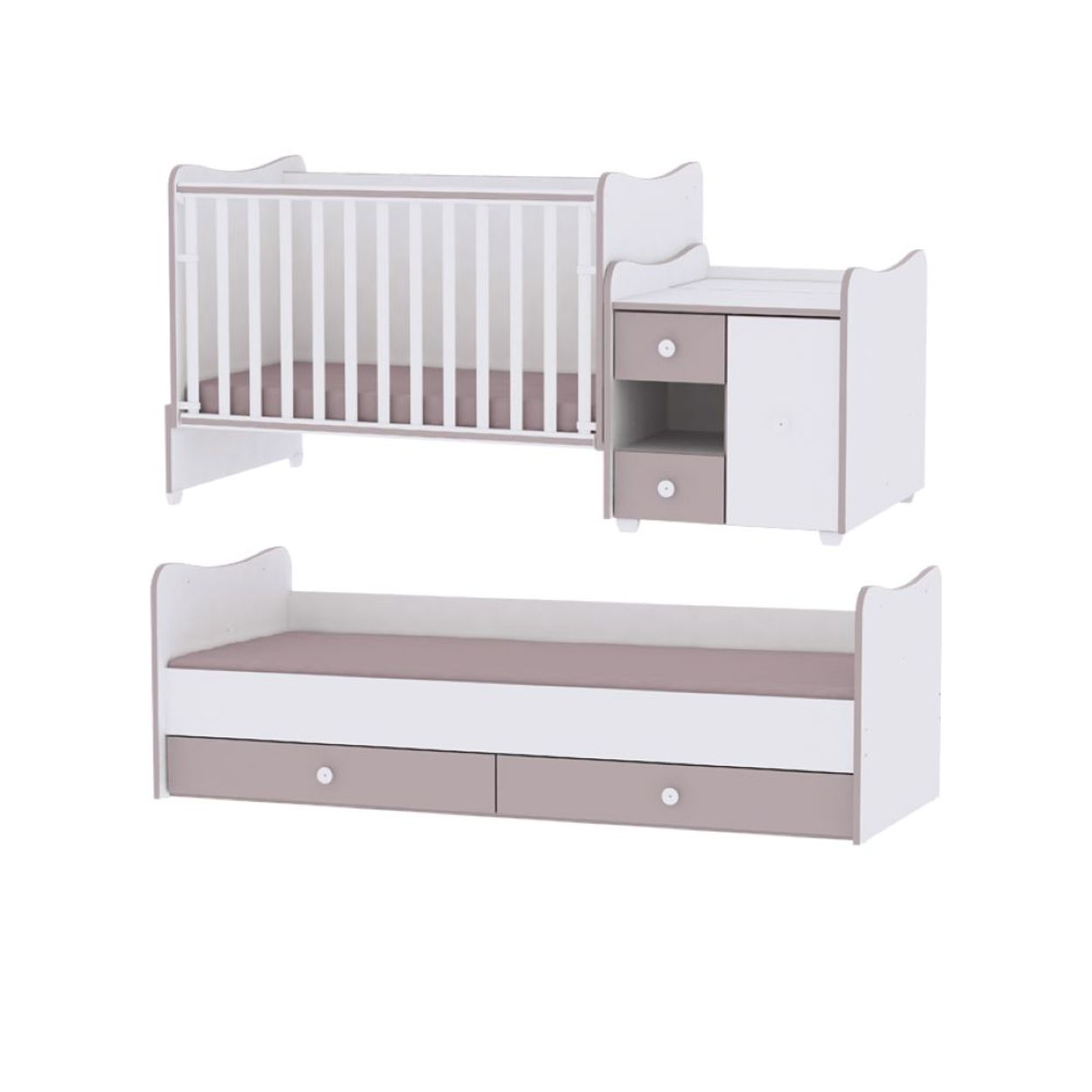 Weiß-graues Babybett mit integrierter Kommode oben und ein niedrigeres Bett mit zwei Schubladen unten.