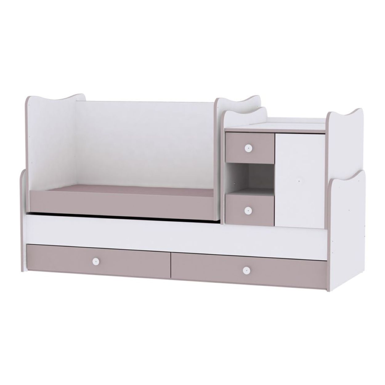 Ein weißes und taupefarbenes Kinderbett mit integrierten Regalen, Schubladen und Schrank.