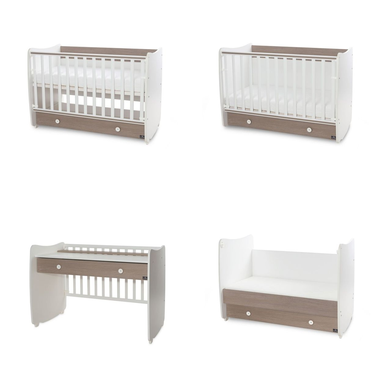 Vier Bilder zeigen ein umwandelbares Babybett in Weiß und Holzoptik in verschiedenen Aufbauten.