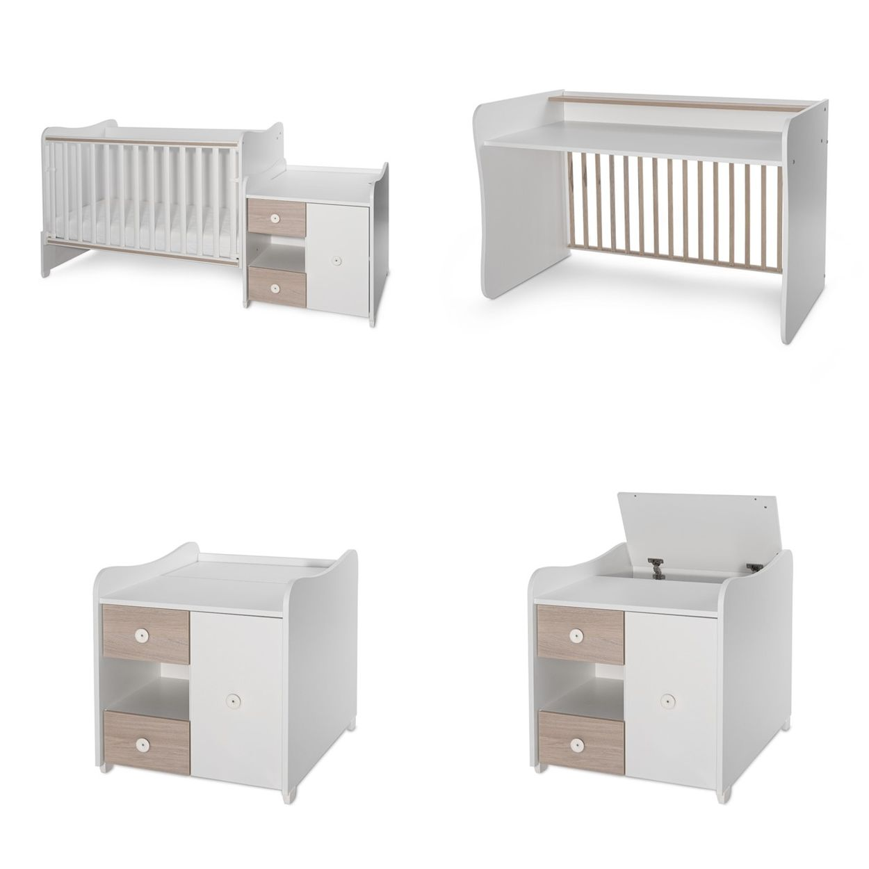 Verwandelbares weißes Babybett und passender Schrank mit Holzzubögen und Regalen in vier Ansichten.
