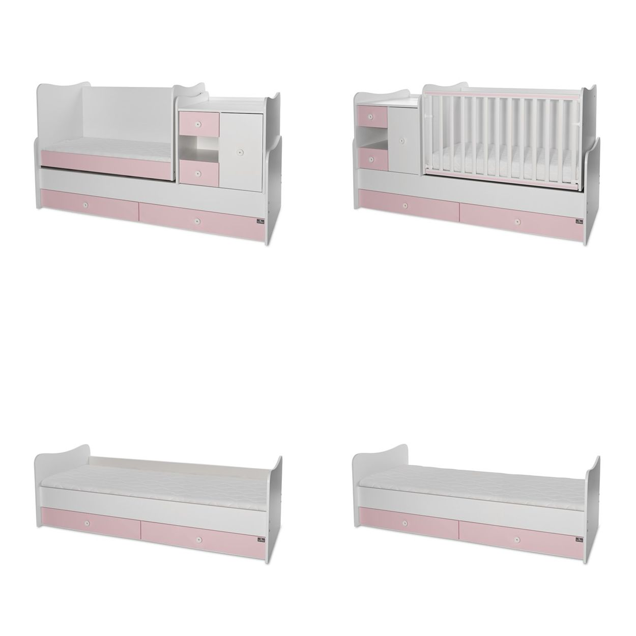 Ein weiß-rosa multifunktionales Kinderbett mit integrierten Schubladen, Schrank und Gitterbettvarianten.