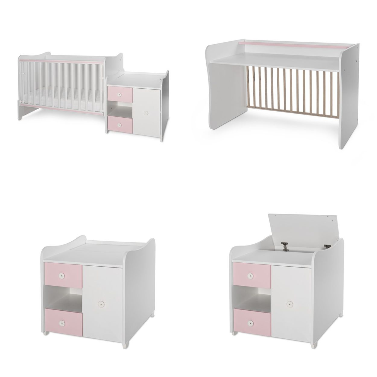 Verwandelbares weißes Babybett und Schreibtisch-Set mit rosa Schubladenakzenten auf weißem Hintergrund.
