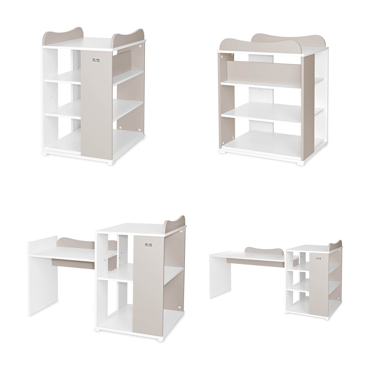 Weiß-beige Wickelkommode und Schreibtisch aus Holz mit Regalen aus verschiedenen Blickwinkeln.