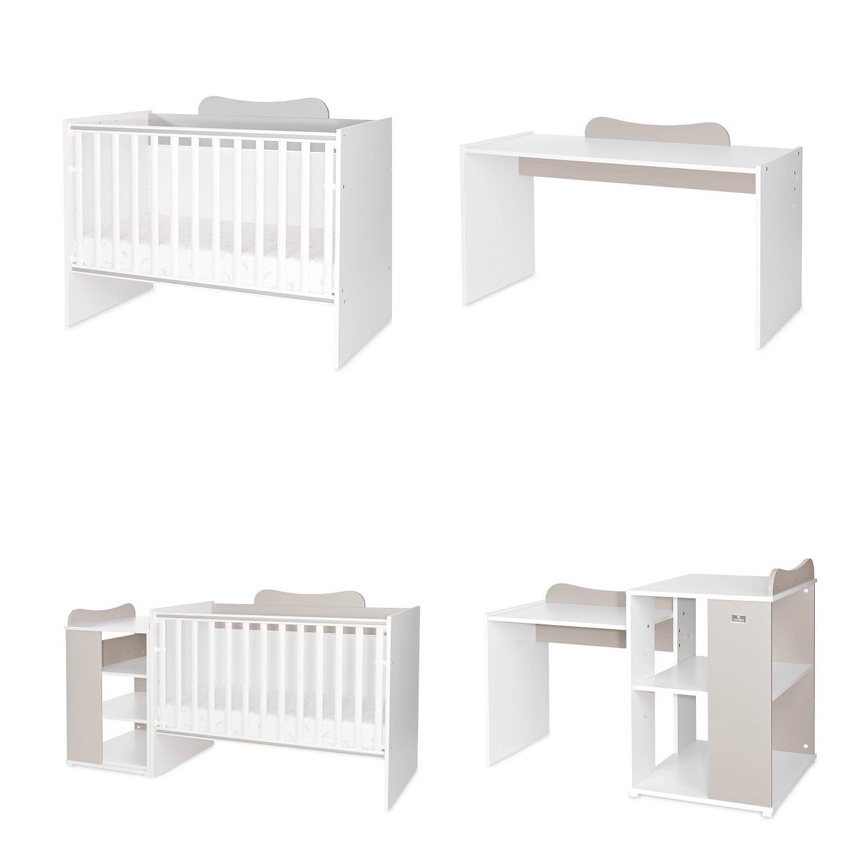Modulares Möbelset in Weiß und Grau mit Kinderbett, Schreibtisch und Wickelkommode auf weißem Hintergrund.