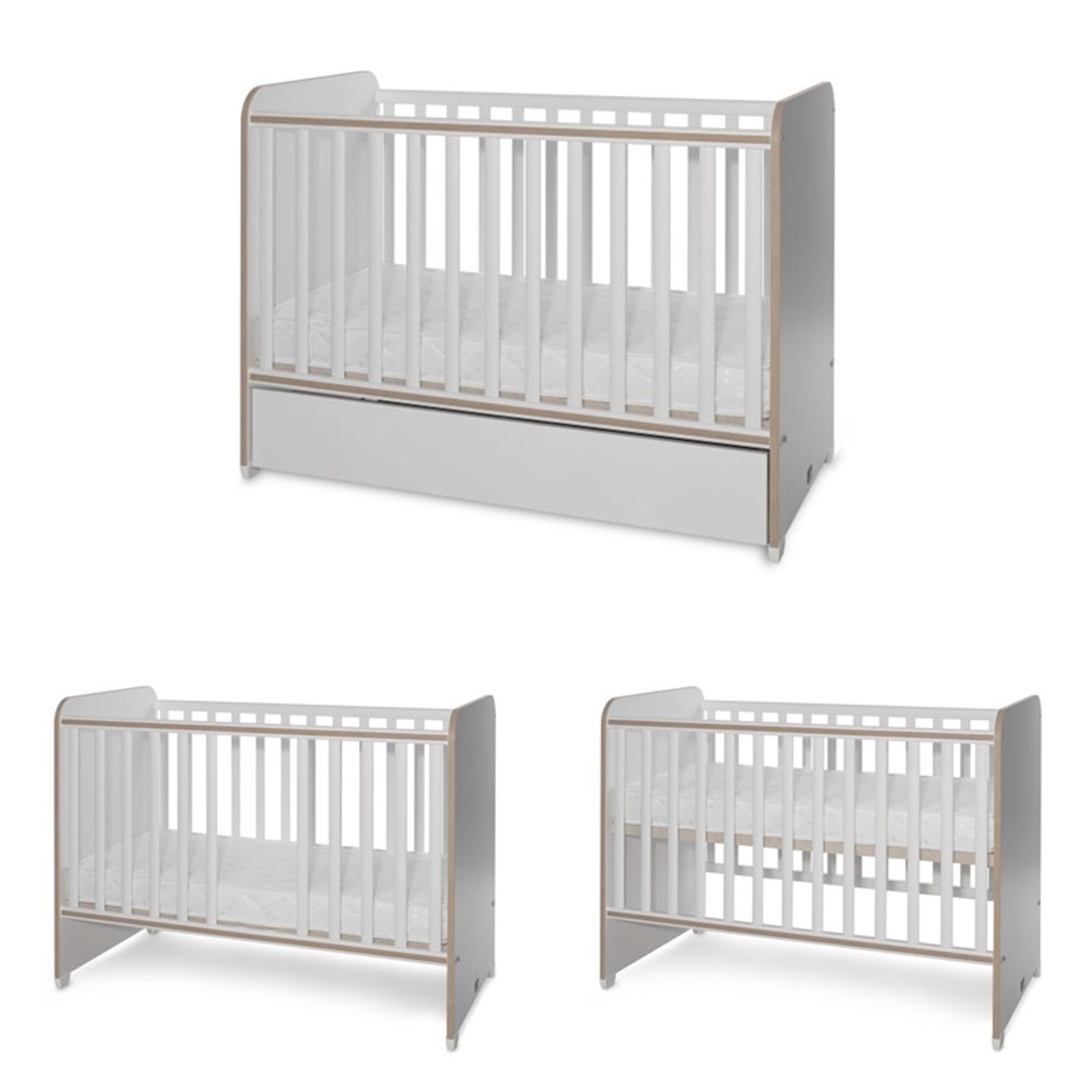 Weißes und hölzernes Babybett in drei Konfigurationen mit Lattenrost und Matratze.