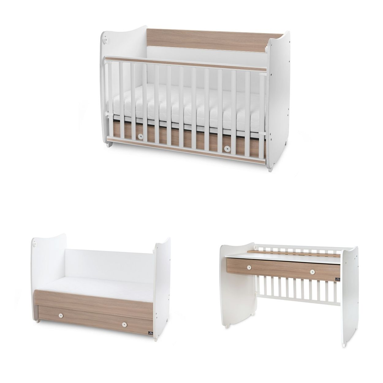 Ein umwandelbares Babybett in Weiß und Holzoptik, gezeigt mit Matratze, Kleinkinderbett und Schreibtisch.