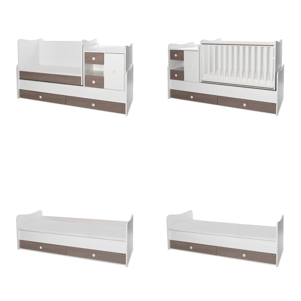 Ein weiß-holzfarbenes, modulares Babybett, das sich mit integrierten Schubladen in ein Einzelbett umwandeln lässt.