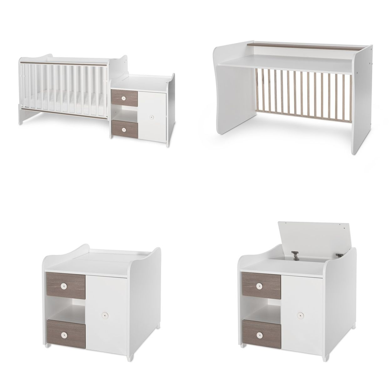 Verwandelbares weißes Babybett und Wickeltisch-Set mit Holzakzenten auf weißem Hintergrund.