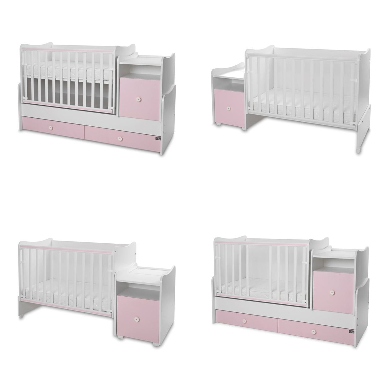 Weißes Babybett mit rosa Akzenten, integrierter Wickelkommode und Schubladen auf weißem Hintergrund.