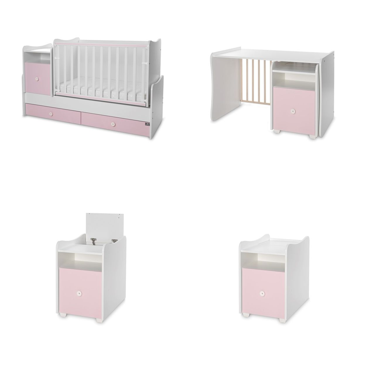 Weißes und rosa modulares Babybettset mit Schubladen und Seitenschrank in verschiedenen Konfigurationen.