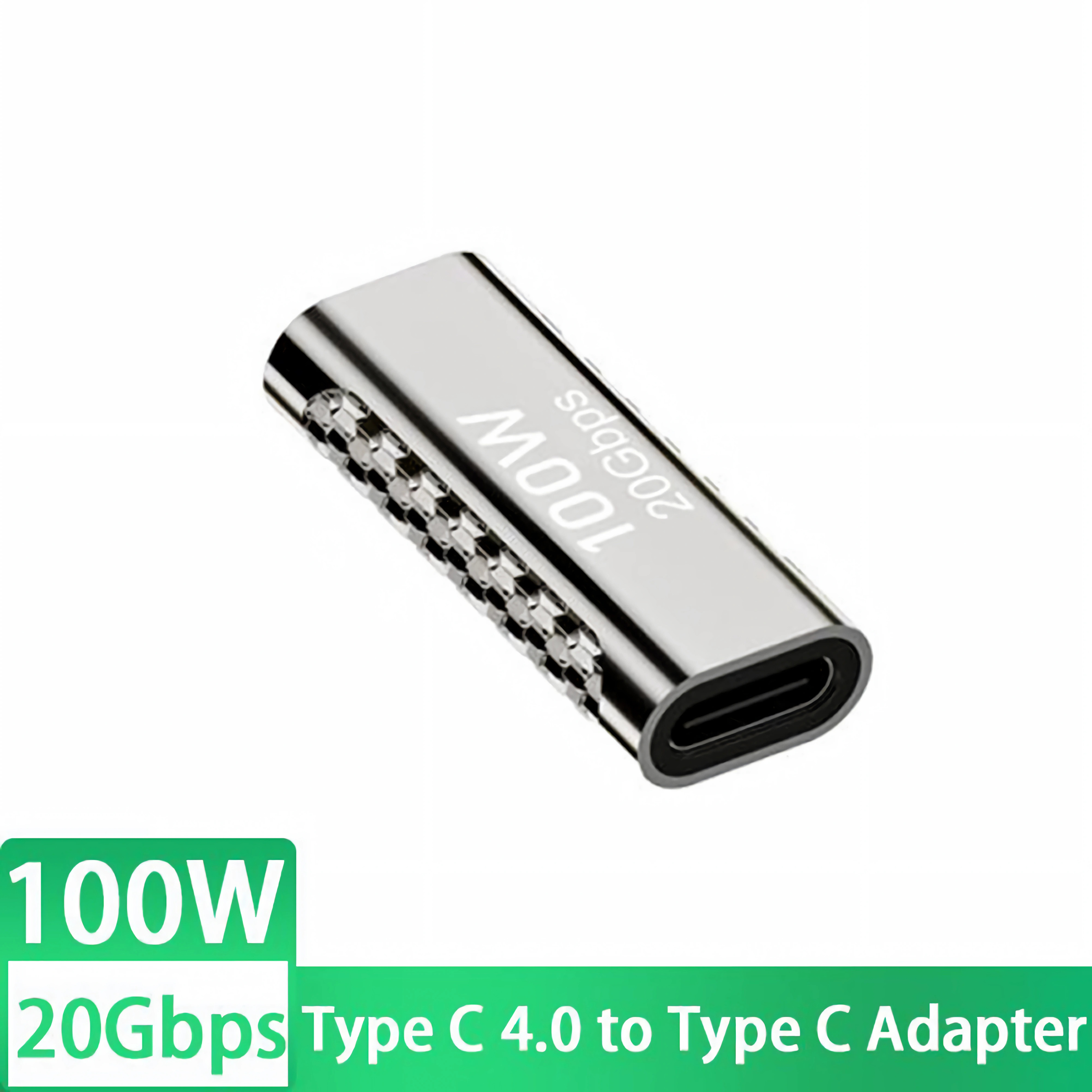 Ein silberner 100W 20Gbps Typ C 4.0 zu Typ C Adapter auf weißem Grund.