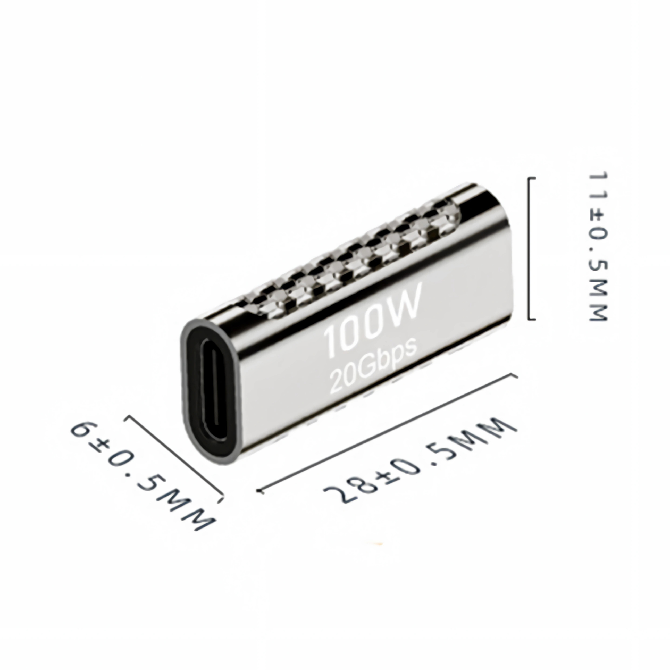 Silberner USB-C-Adapter mit Maßen von 28x6x11 mm, 100W Leistung und 20Gbps.