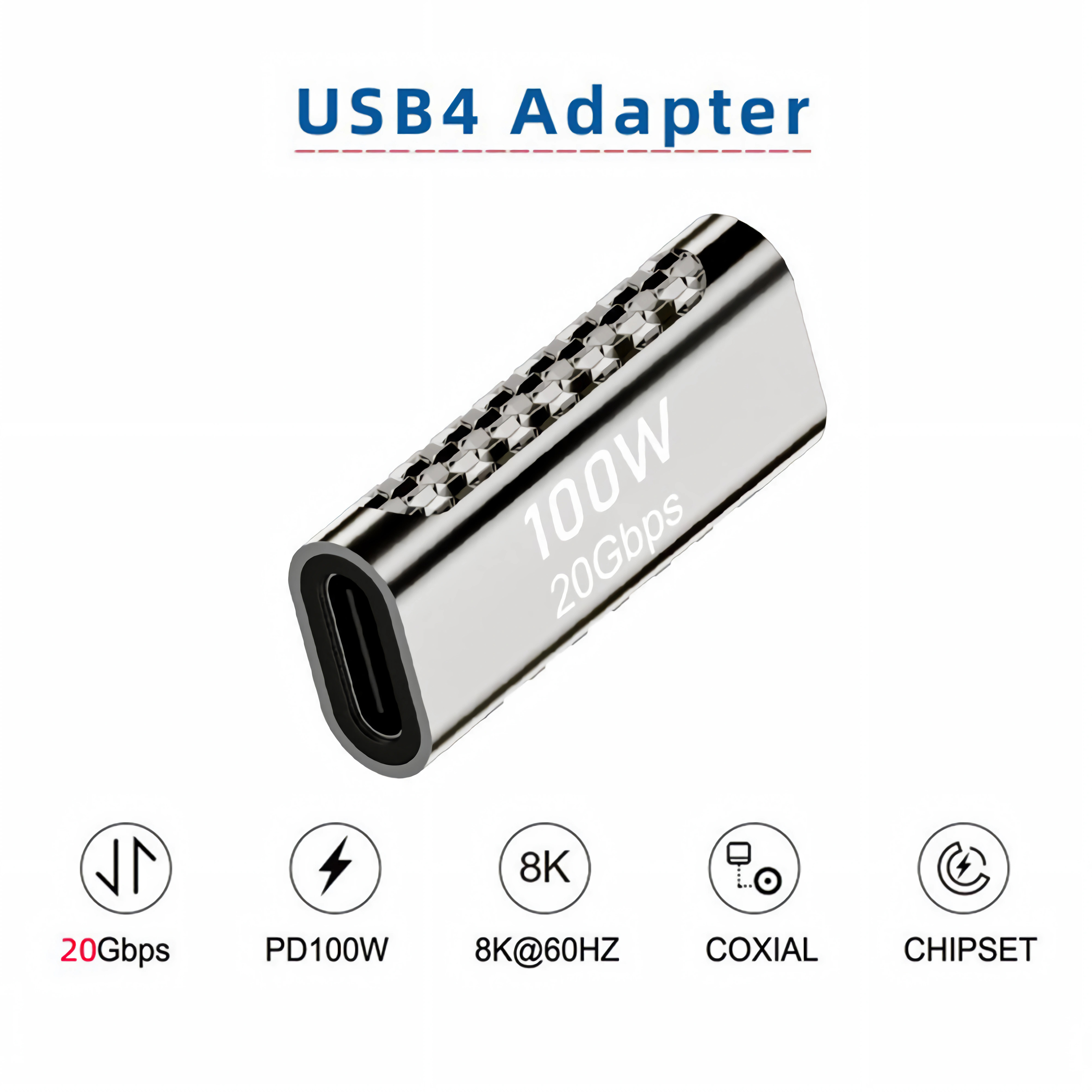Ein silberner USB4-Adapter mit 100W- und 20Gbps-Text, umgeben von Funktionssymbolen auf weißem Hintergrund.