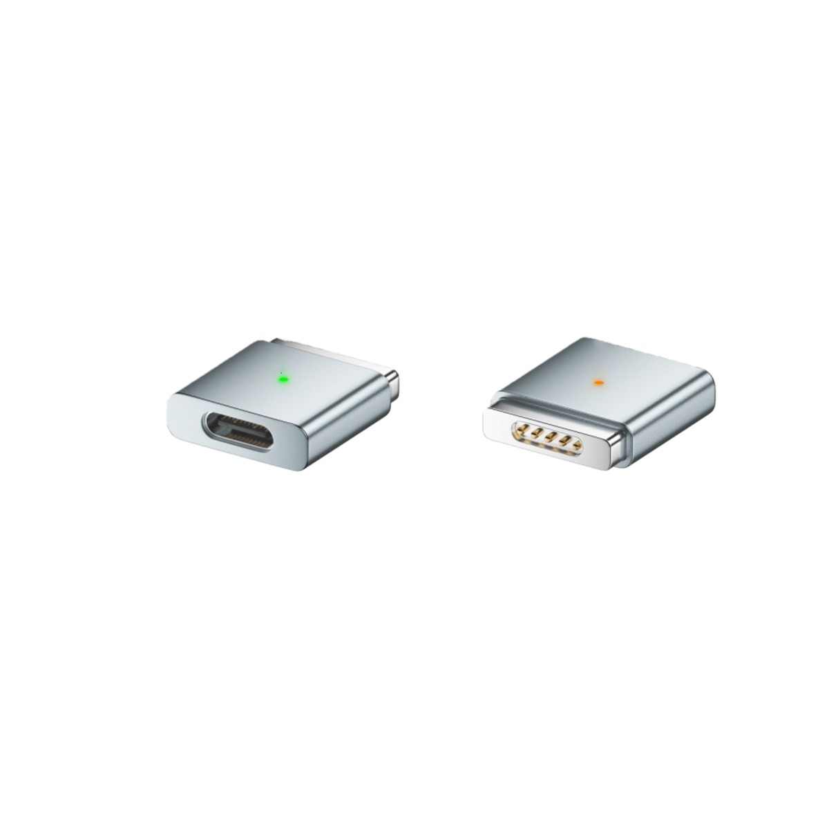 Zwei silberne magnetische USB-C-Adapter mit Statusleuchten vor weißem Hintergrund.