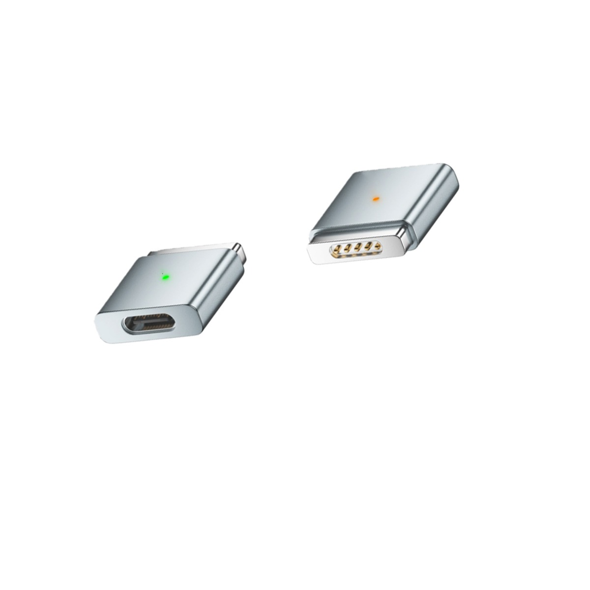 Zwei silberne magnetische USB-C-Adapter mit Statusleuchten vor weißem Hintergrund.