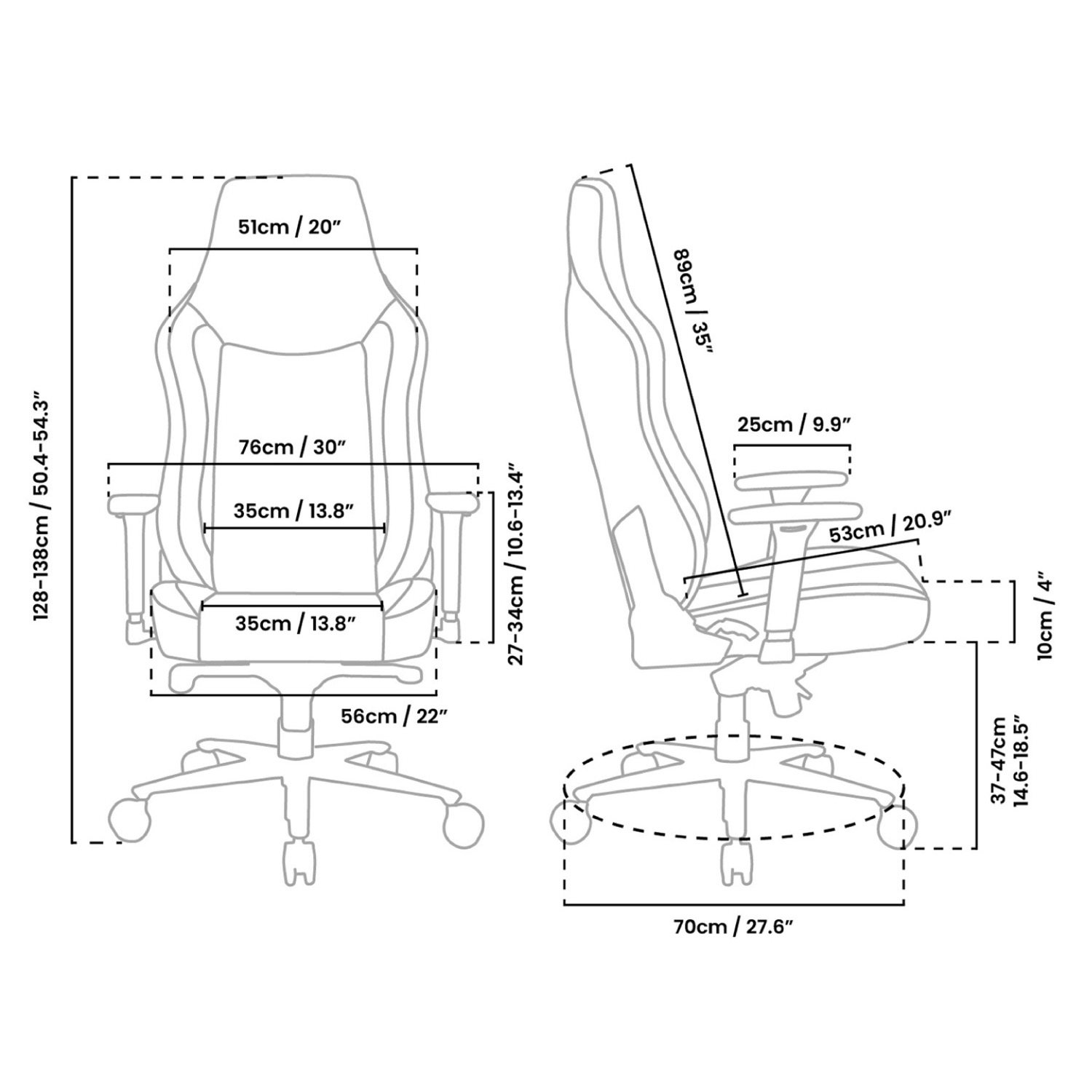 Disegno tecnico di una sedia da gioco con viste frontali e laterali, con misure in centimetri e pollici.