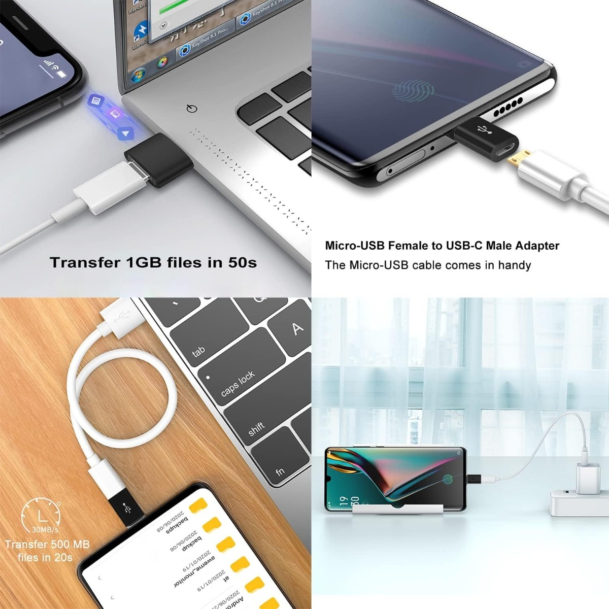 Eine Collage zeigt Micro-USB-zu-USB-C-Adapter, die Kabel mit Laptops und Smartphones verbinden.