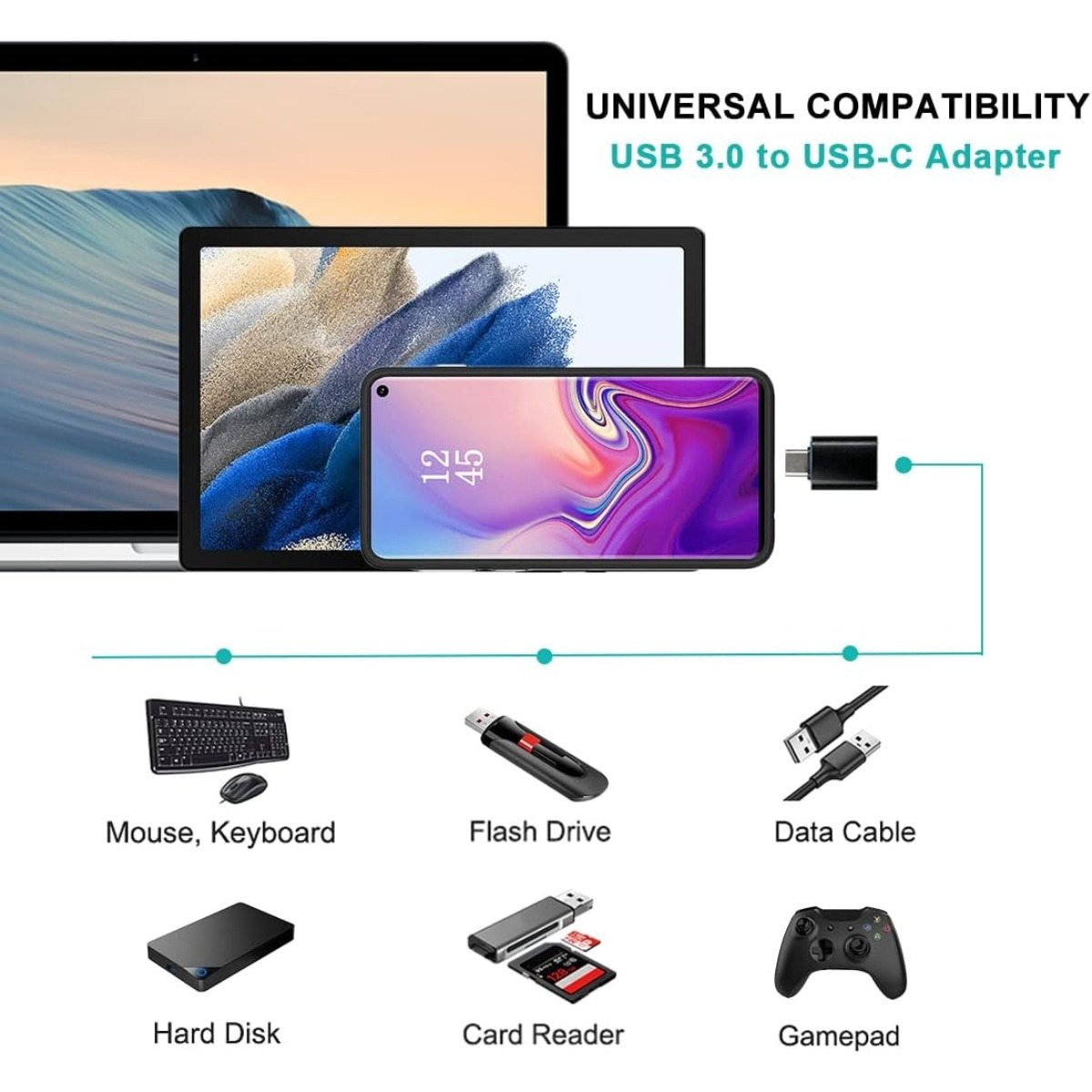 USB 3.0 auf USB-C Adapter kompatibel mit Laptop, Tablet, Smartphone, Tastatur, USB-Stick und mehr.