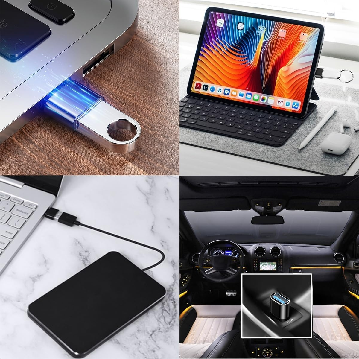 Ein USB-Stick, ein Tablet, eine externe Festplatte und ein Auto-USB-Ladegerät in vier geteilten Bildern.
