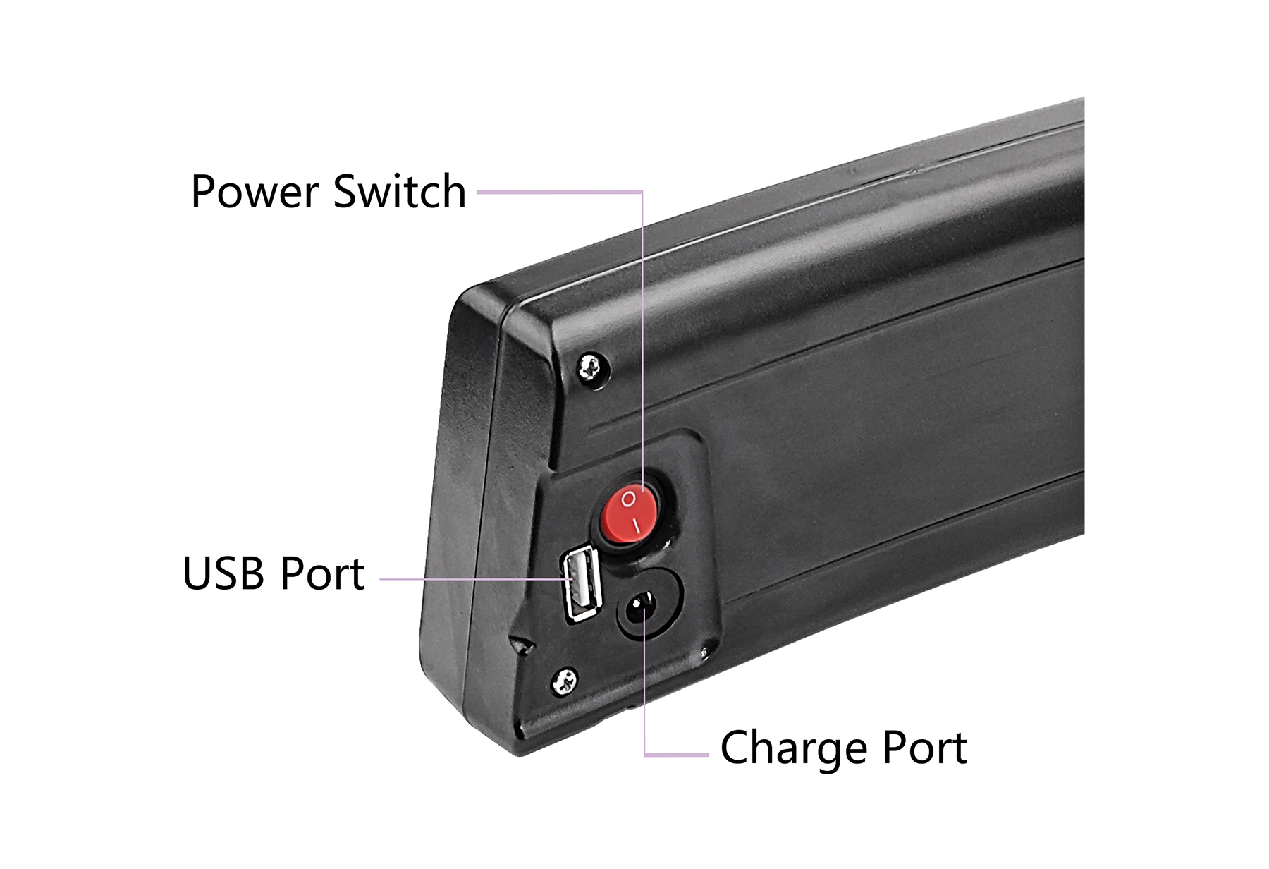 Ein schwarzes Akkugehäuse mit Power-Schalter, USB-Anschluss und Ladeanschluss.