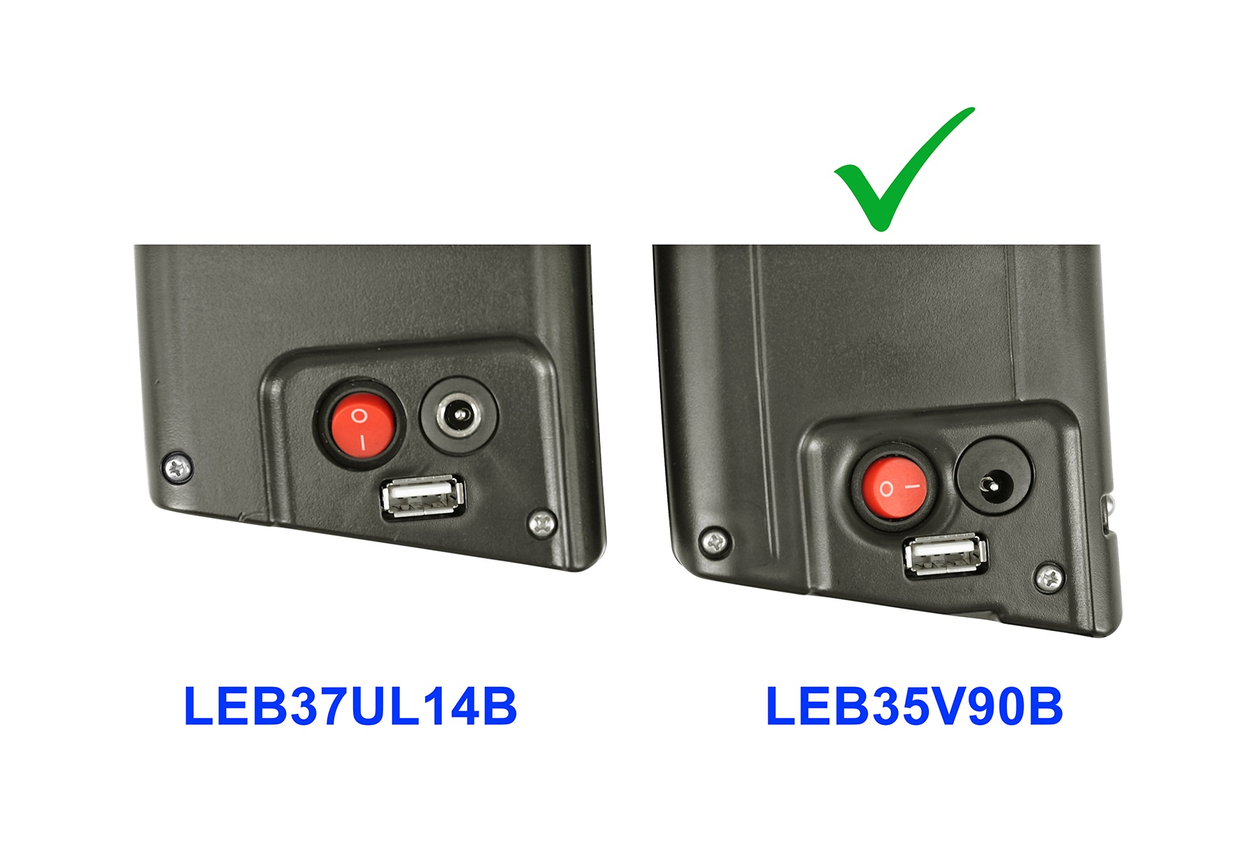 Vergleich von zwei Batteriegehäusen mit rotem Schalter und USB, das rechte ist markiert.