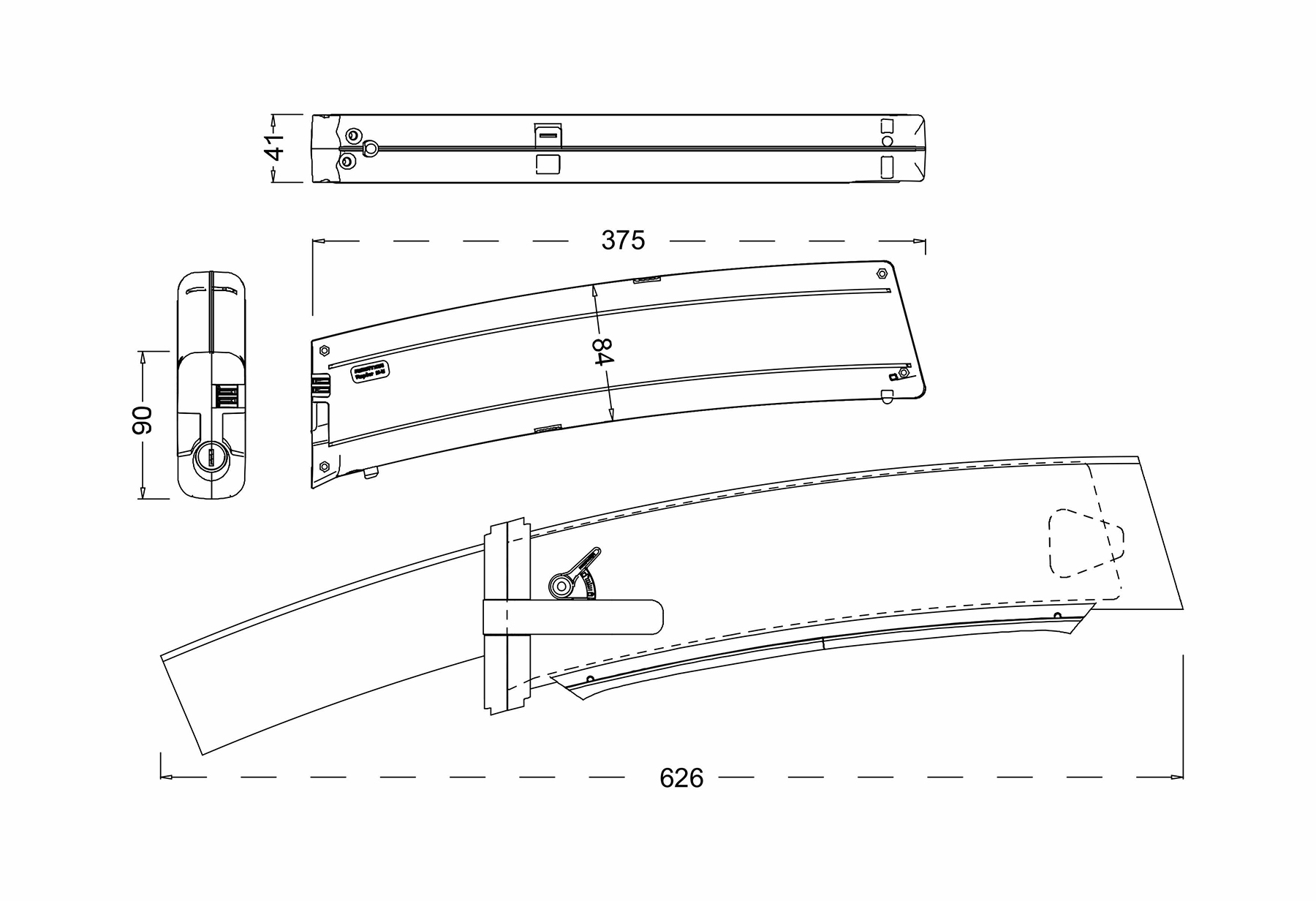 Technische Zeichnung einer langen, gebogenen Vorrichtung mit Maßangaben in Millimetern auf weißem Hintergrund.