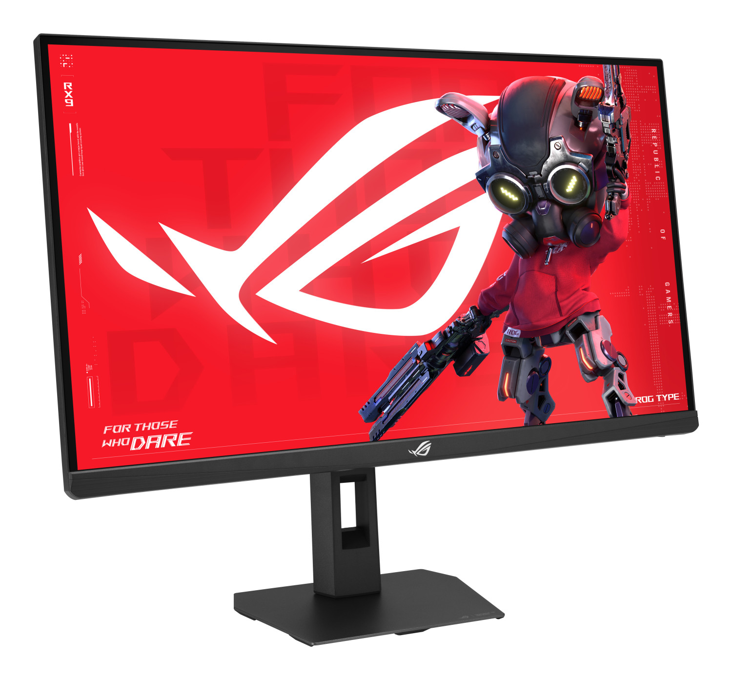 Ein schwarzer Computerbildschirm zeigt ein rotes Bild mit weißem ROG-Logo und Roboterfigur mit Waffen.