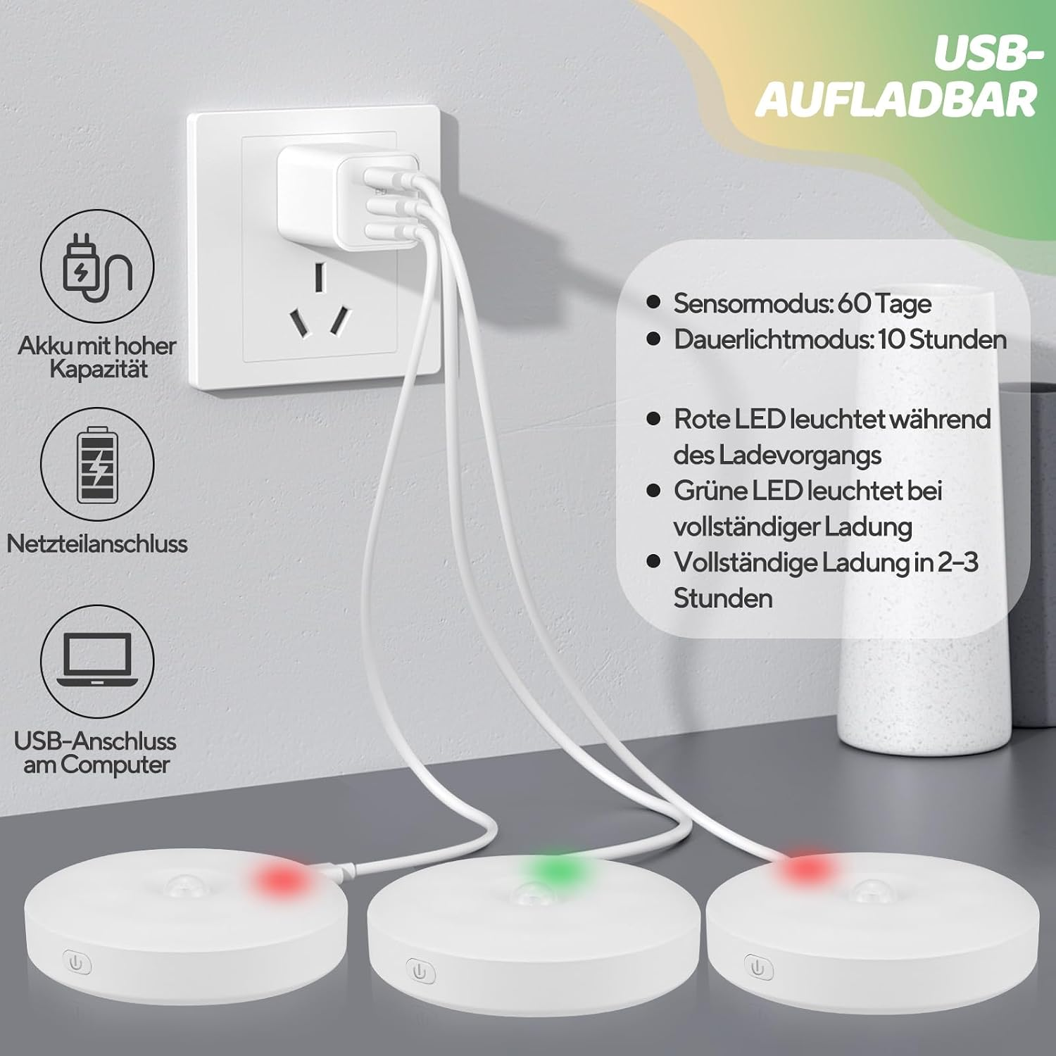 Drei weiße USB-Leuchten, die an einem Wandnetzteil angeschlossen und aufgeladen werden.