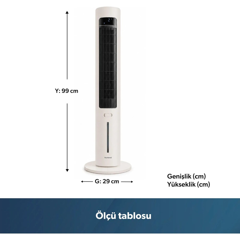 Ölçüleri: Yükseklik 99 cm, Genişlik 29 cm olan beyaz kule vantilatör.