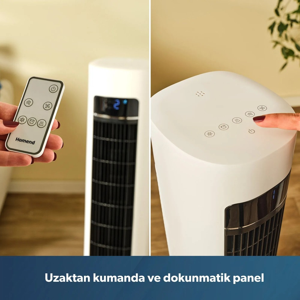 Uzaktan kumandalı ve dokunmatik panelli beyaz kule tipi vantilatör.