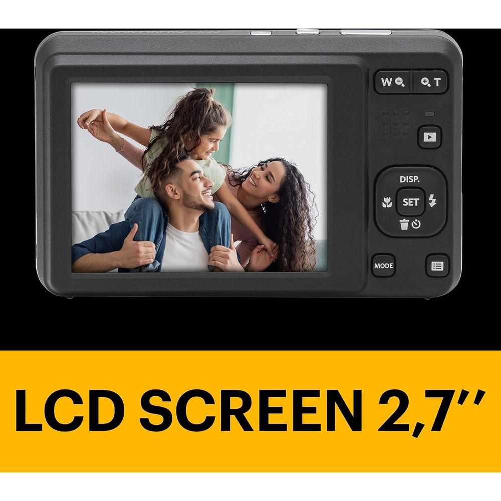 Rückseite einer schwarzen Digitalkamera mit einem LCD-Bildschirm, der eine glückliche Familie zeigt.