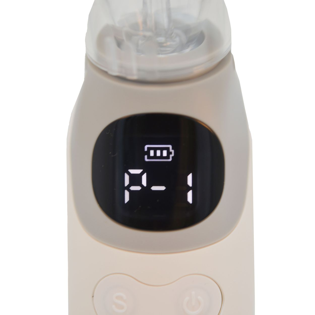 Close-up of a white electric breast pump showing a digital display with a battery icon and settings.