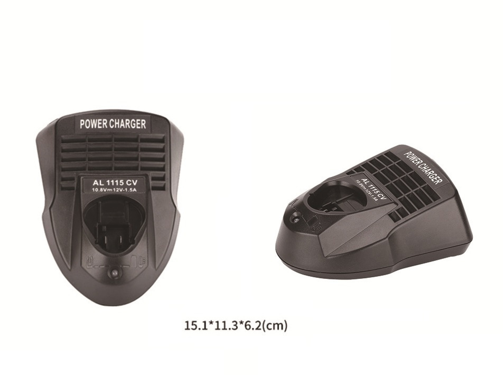 Zwei Ansichten eines schwarzen AL 1115 CV Power Chargers mit Maßen von 15,1x11,3x6,2 cm auf weißem Hintergrund.