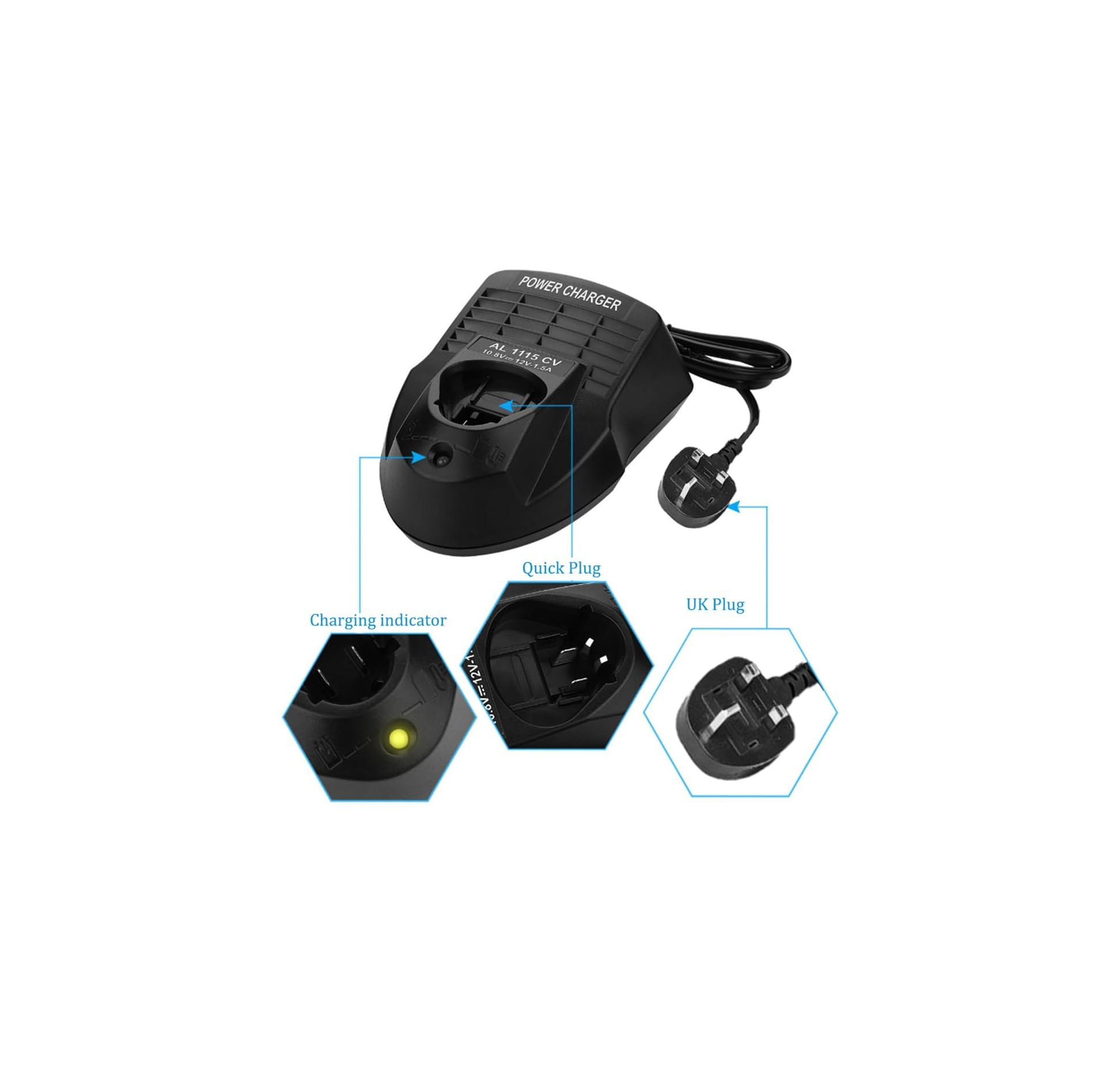 Ein schwarzes Ladegerät mit UK-Stecker, mit Detailansichten der Ladeanzeige, des Schnellsteckers und des UK-Steckers.