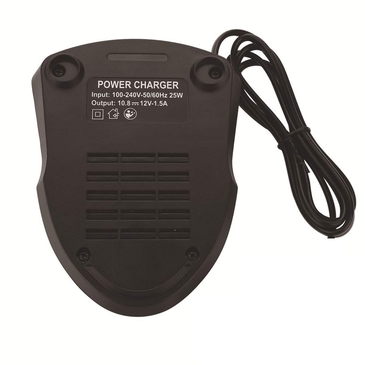 Unterseite eines schwarzen Power Chargers mit technischen Daten und aufgewickeltem Kabel.