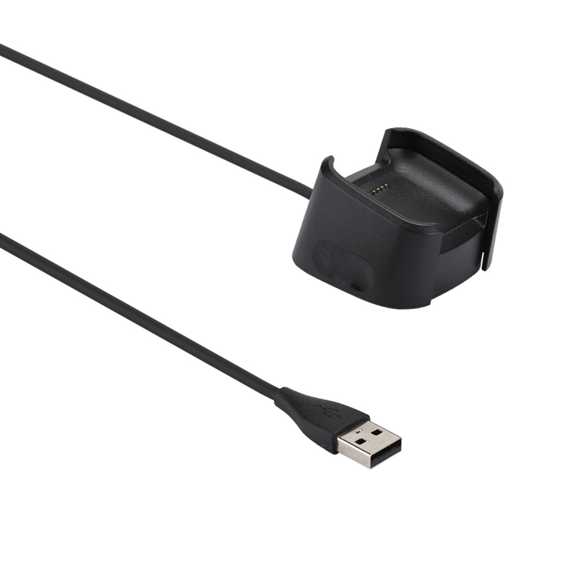Ein schwarzes Smartwatch-Ladekabel mit USB-Anschluss und einer Dockingstation auf weißem Hintergrund.