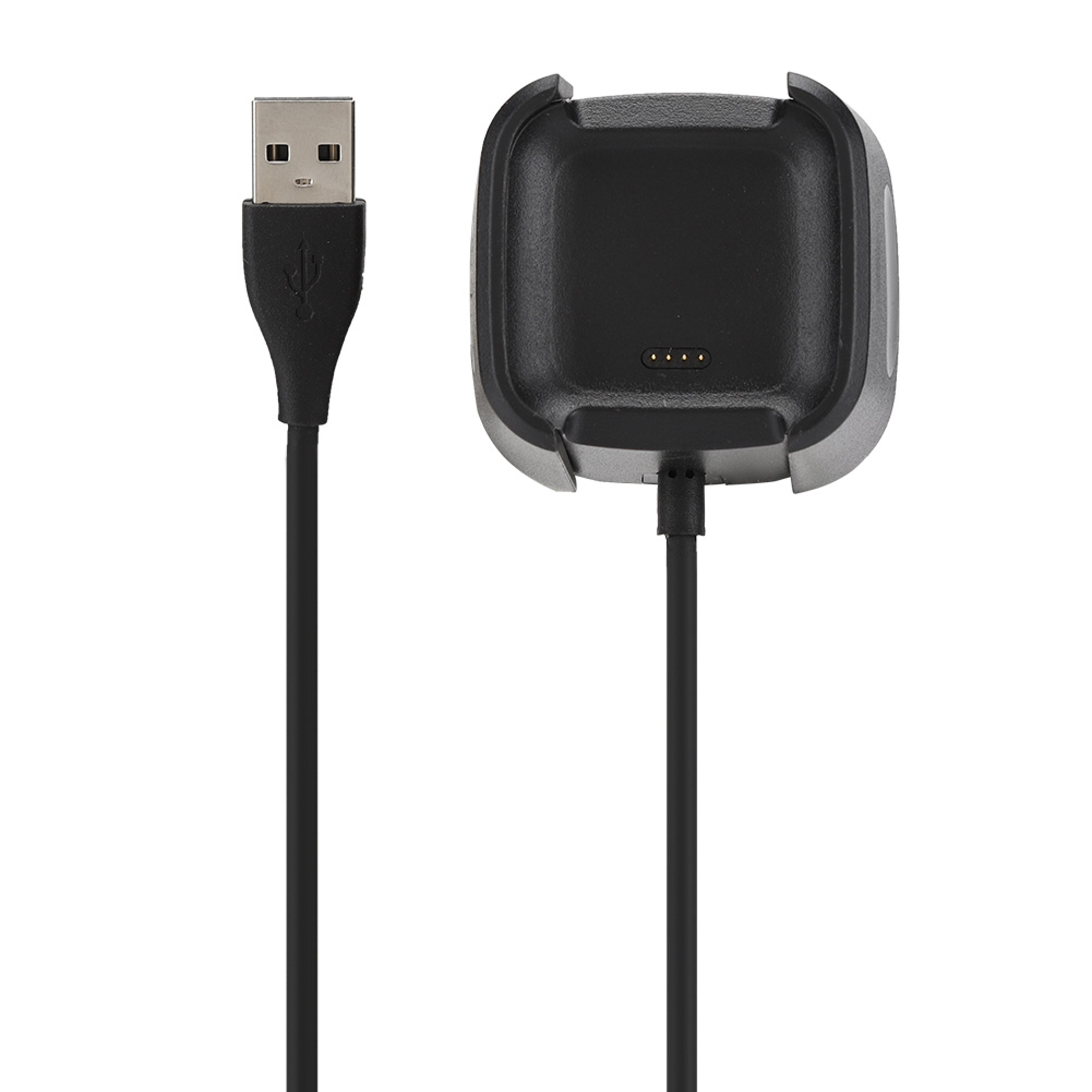 Ein schwarzes Smartwatch-Ladekabel mit USB-A-Anschluss auf weißem Hintergrund.