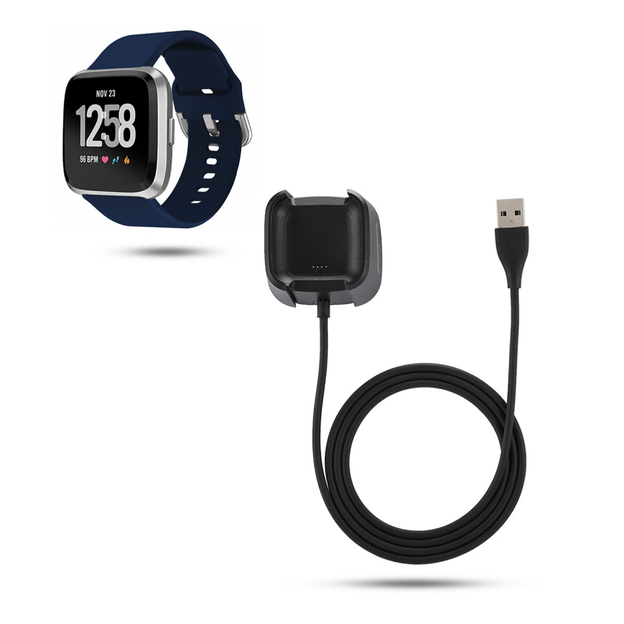 Eine blaue Smartwatch und ein schwarzes USB-Ladekabel auf weißem Hintergrund.