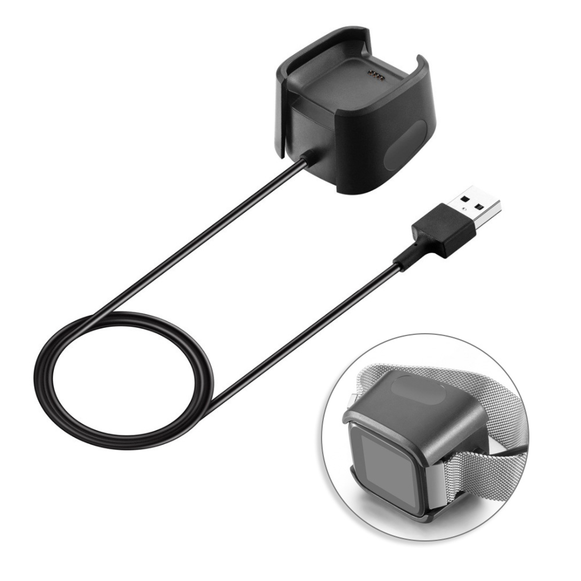 Schwarze Smartwatch-Ladestation mit USB-Kabel und ein Bild der Uhr im Einsatz.