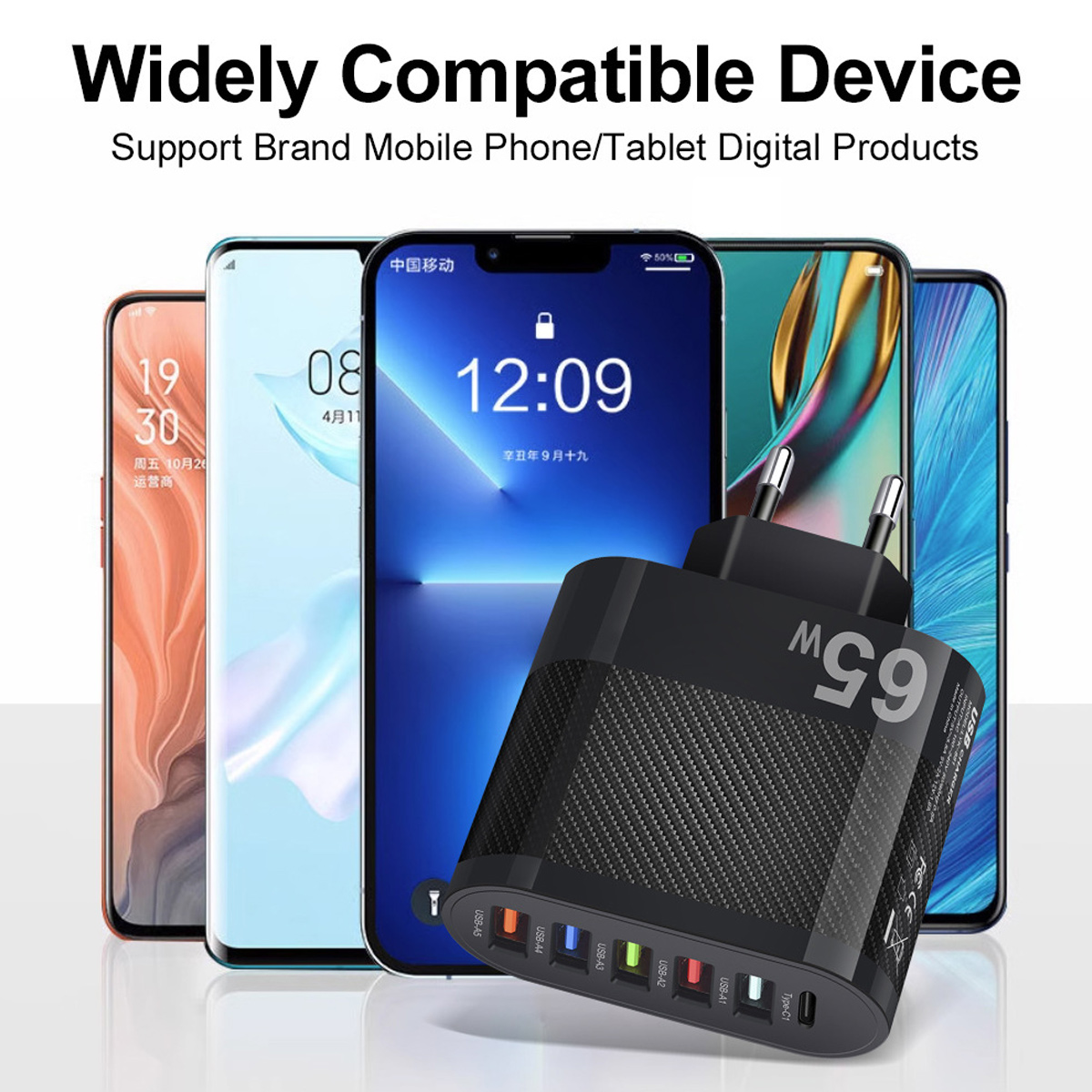 Ein schwarzes 65W Mehrfach-USB-Ladegerät mit abgebildeten kompatiblen Smartphones im Hintergrund.