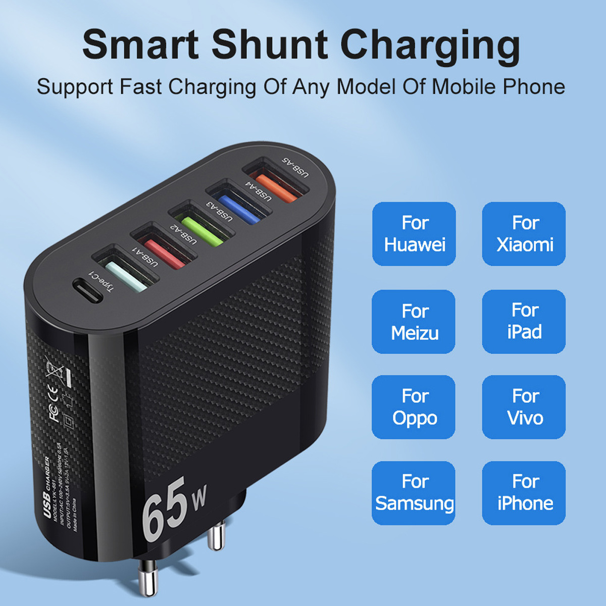 Ein schwarzes 65W Smart USB-Ladegerät mit verschiedenfarbigen Anschlüssen, kompatibel mit Handymarken.