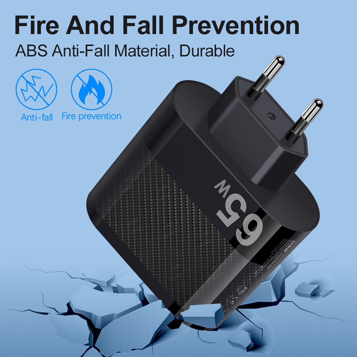 Schwarzes 65W EU-Stecker-Ladegerät mit Anti-Sturz- und Feuerschutz-Symbolen auf blauem Hintergrund.