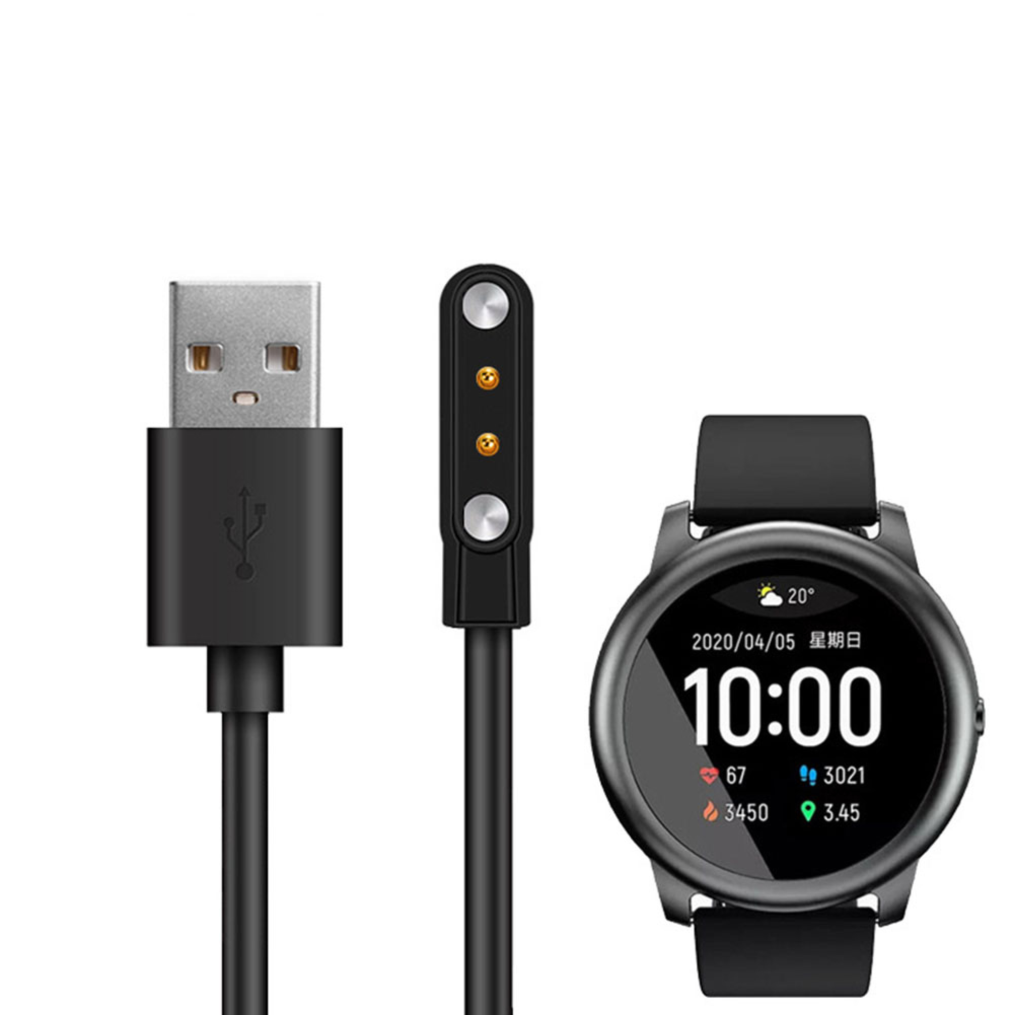 Eine schwarze Smartwatch mit runden Display und das dazugehörige USB-Ladekabel auf weißem Hintergrund.