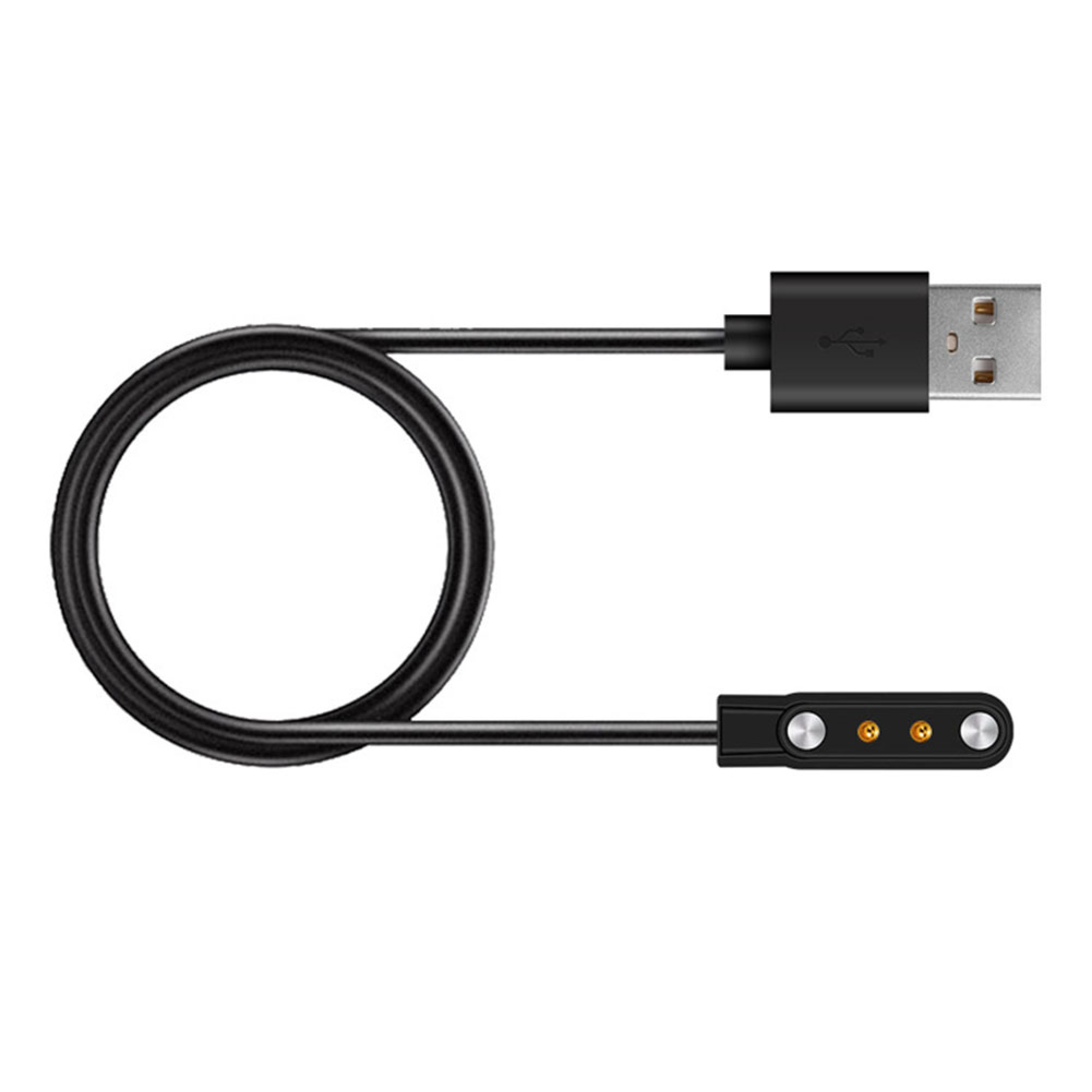 Ein gerolltes schwarzes Ladekabel mit einem USB-A-Anschluss an einem Ende und einem Magnet-Pin-Anschluss am anderen.