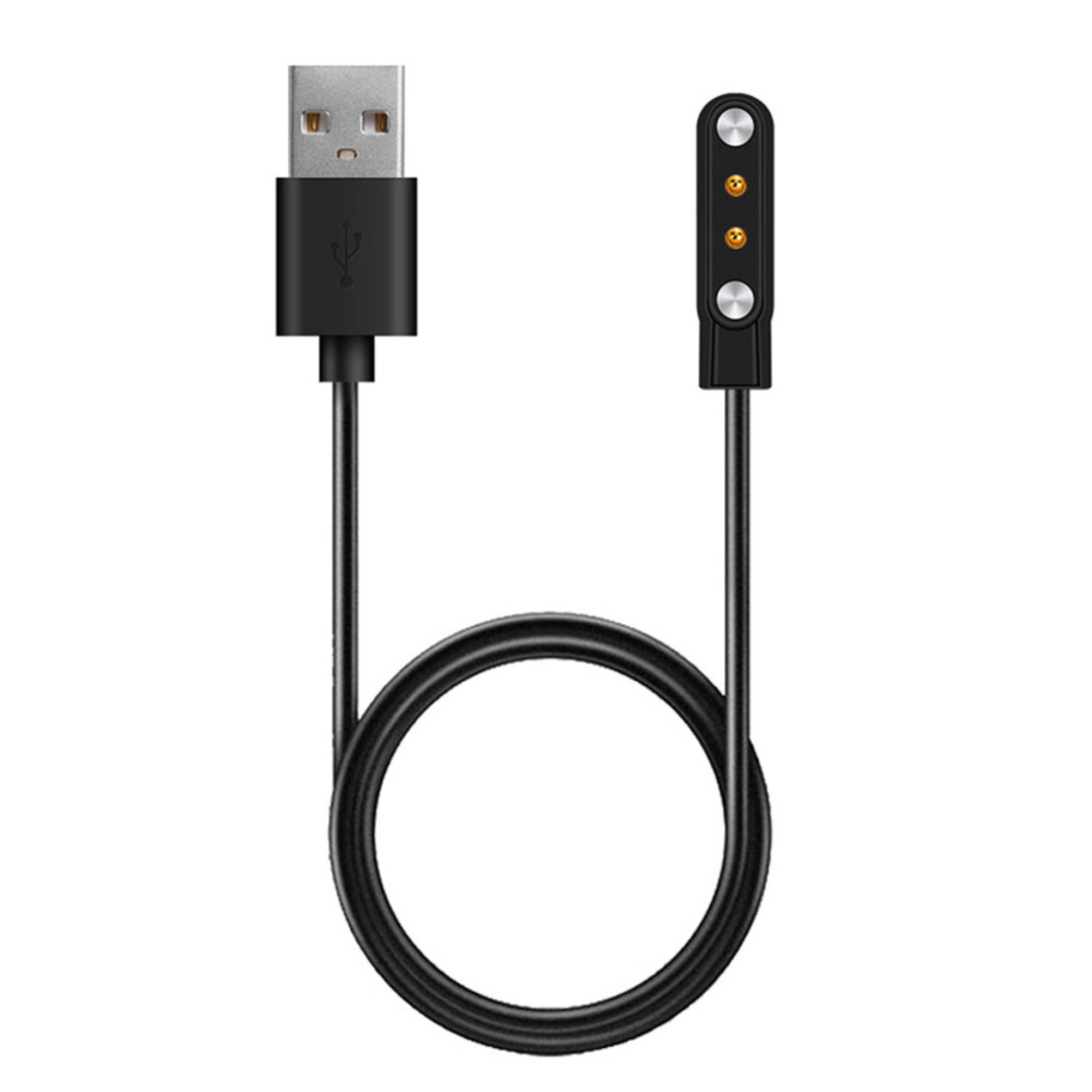 Ein schwarzes Ladekabel mit einem Standard-USB-A-Anschluss auf der einen und einem magnetischen Ladepunkt auf der anderen Seite.