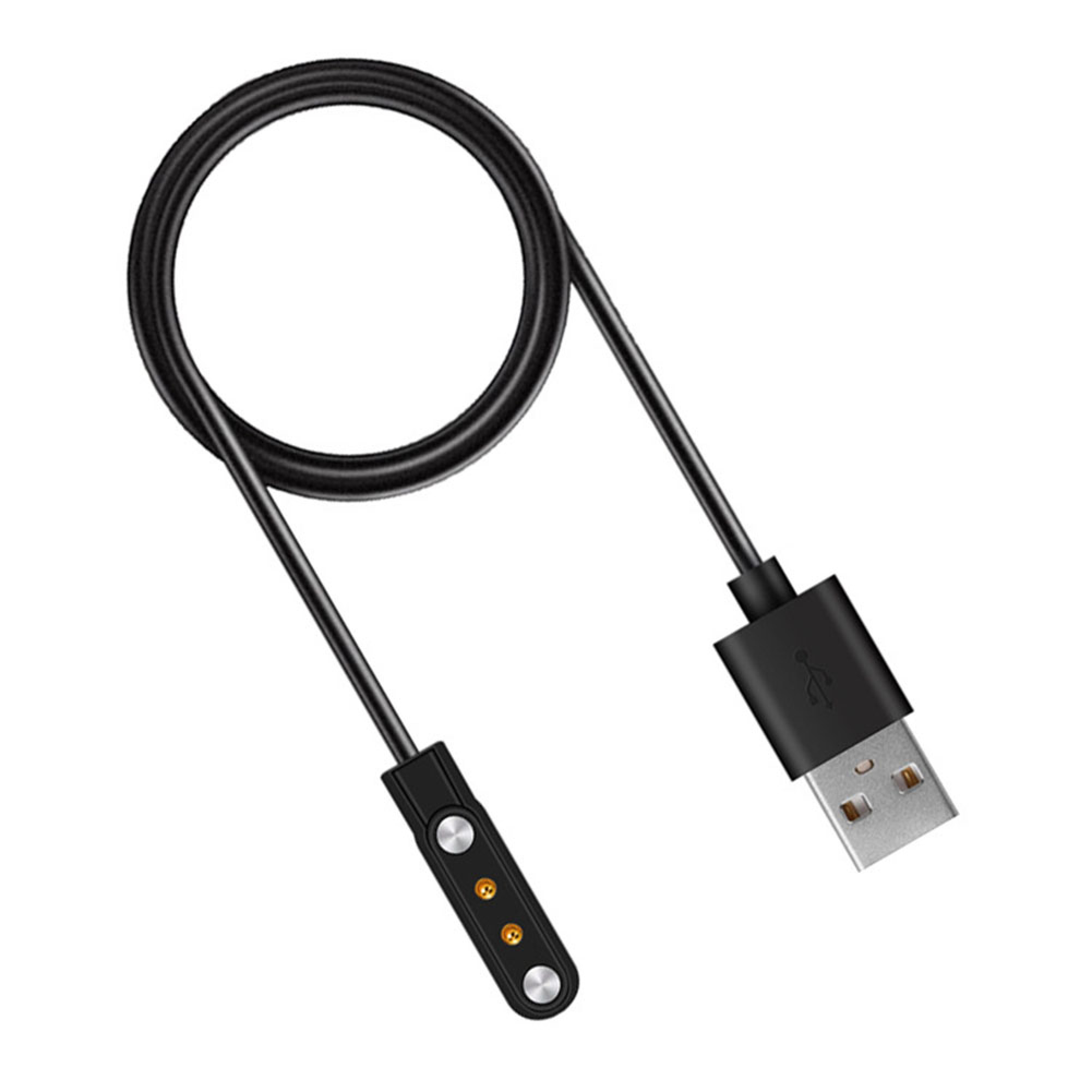 Schwarzes Ladekabel mit USB-A-Anschluss und magnetischem 2-Pin-Ladekopf auf weißem Hintergrund.